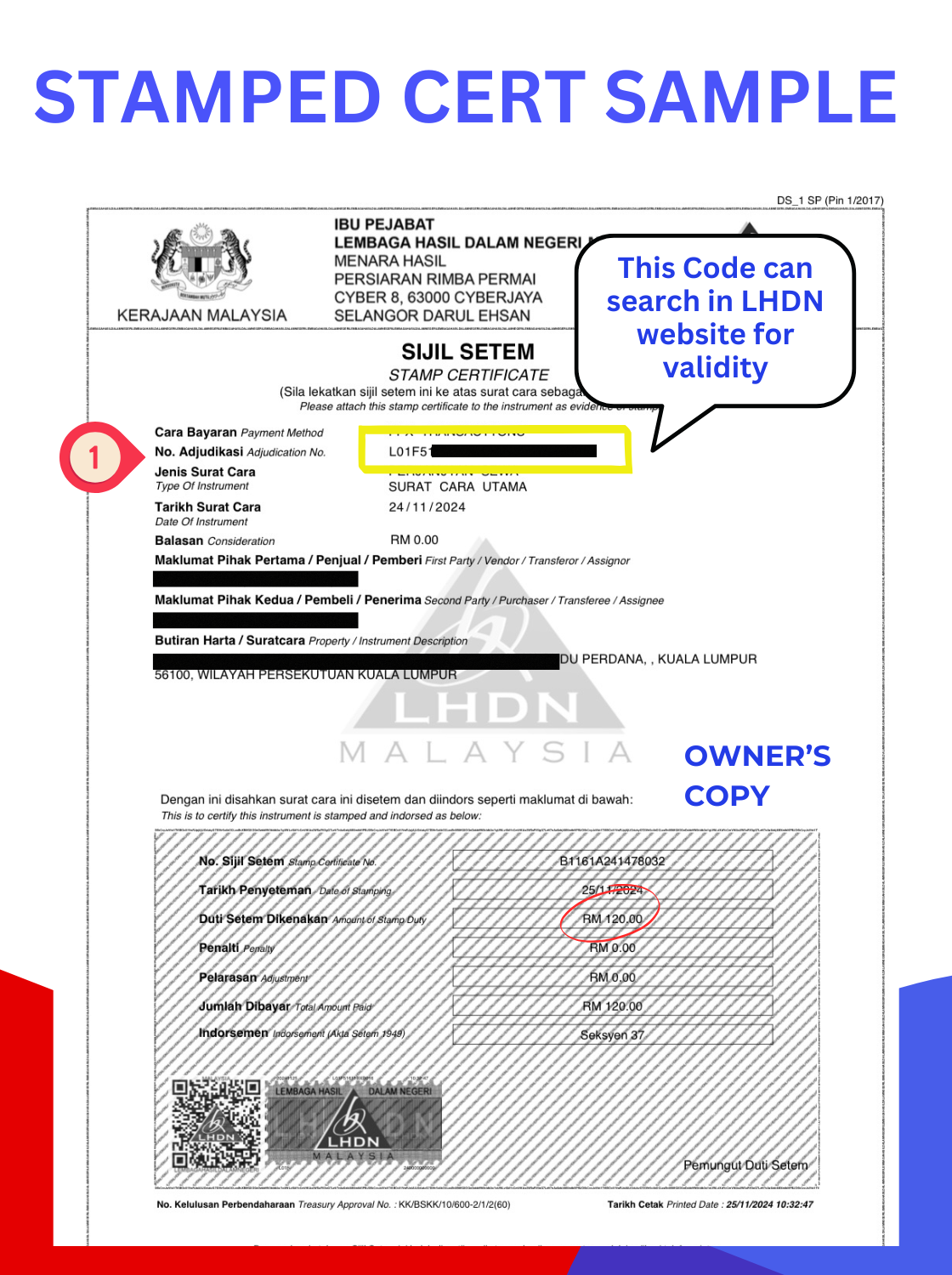 Stamped certificate owner copy sample