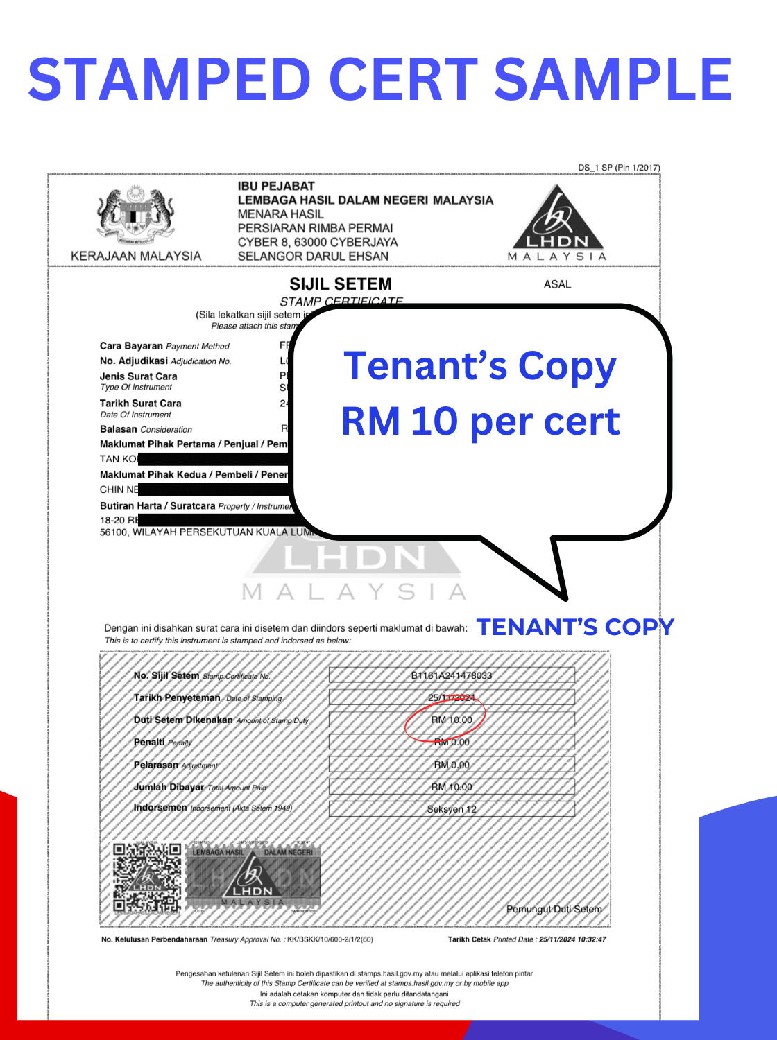 Stamped certificate tenant copy sample