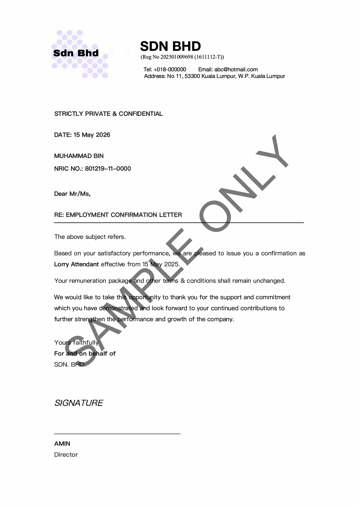 Confirmation letter document sample