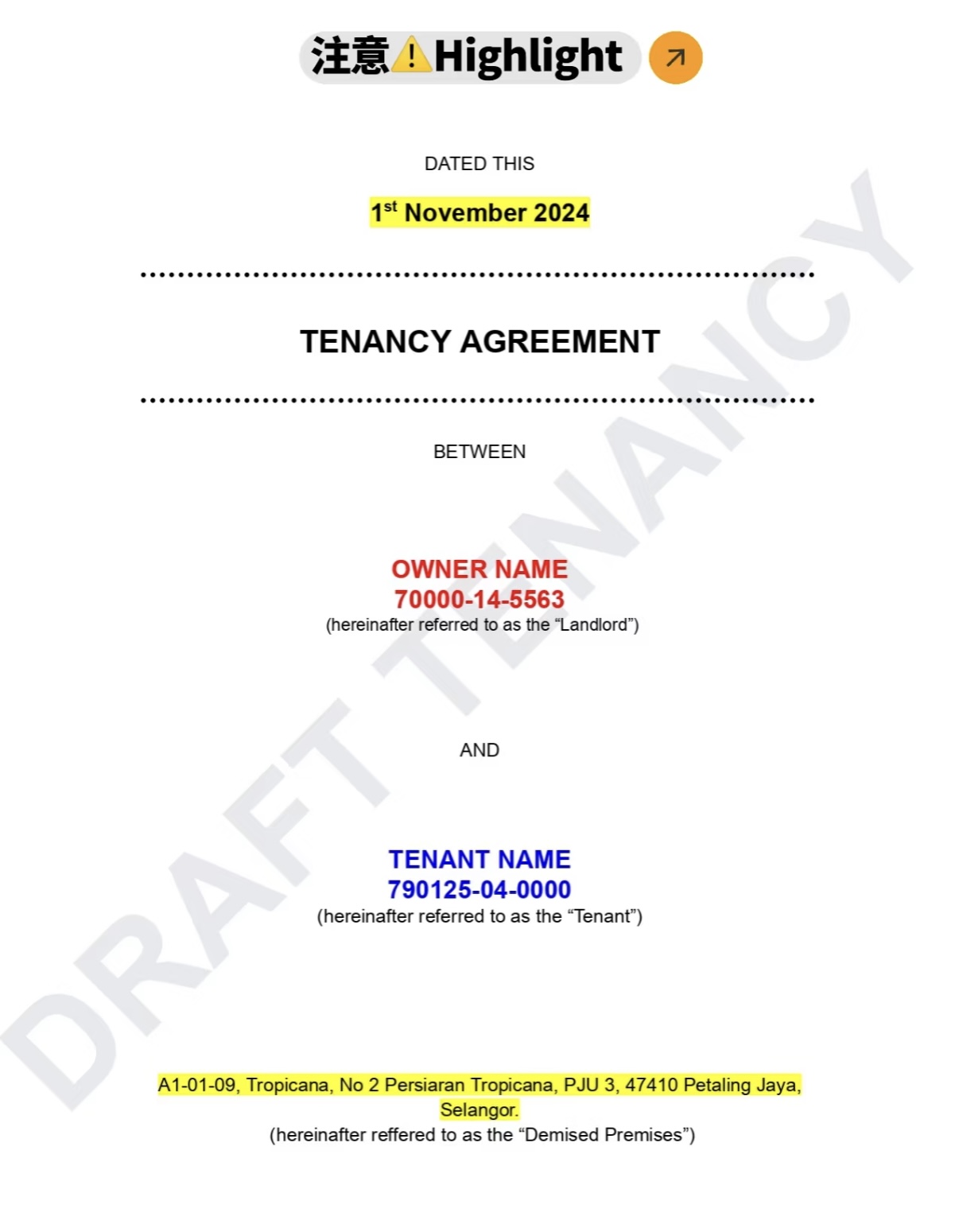 Tenancy agreement sample page